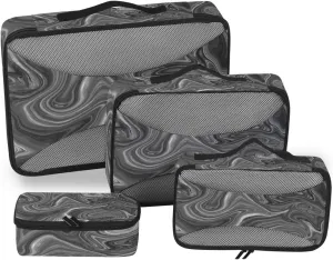 MNSRUU Packing Cubes Black Ink Marble Compression Luggage Cubes Travel Organizer Packing Bags for Suitcases, 4 PCS