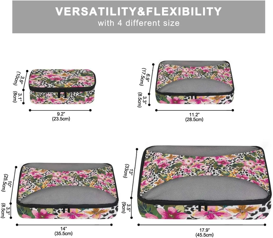 MNSRUU Packing Cubes Hawaii Flower With Leopard Compression Luggage Cubes Travel Organizer Packing Bags for Suitcases, 4 PCS