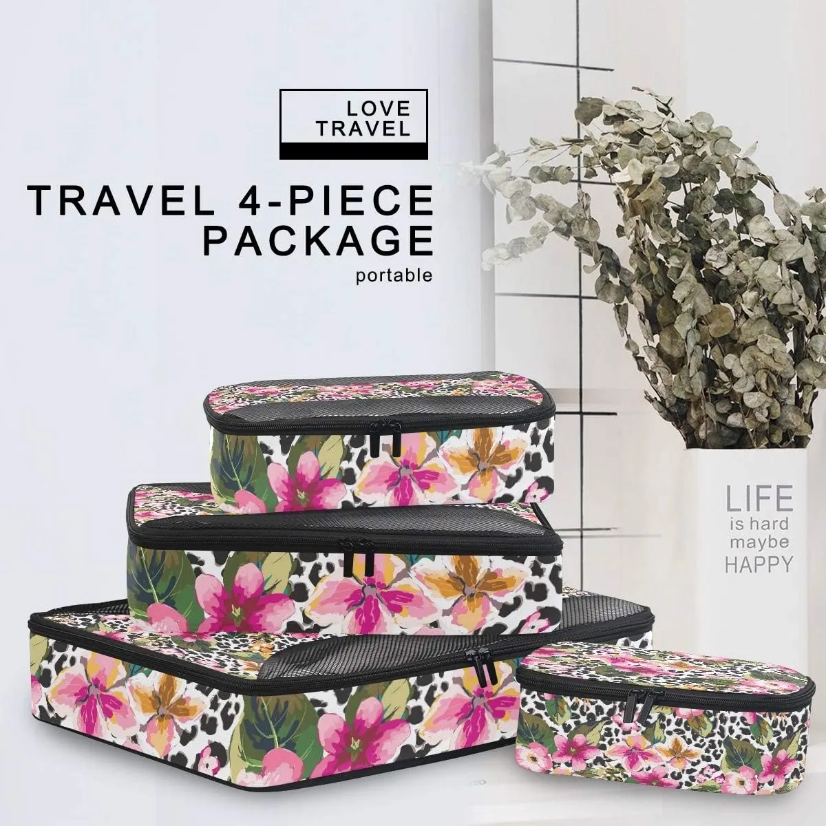 MNSRUU Packing Cubes Hawaii Flower With Leopard Compression Luggage Cubes Travel Organizer Packing Bags for Suitcases, 4 PCS
