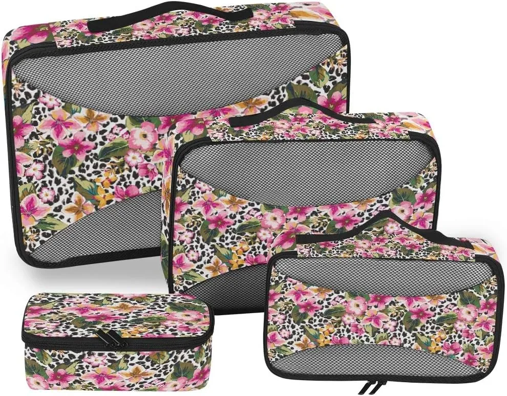 MNSRUU Packing Cubes Hawaii Flower With Leopard Compression Luggage Cubes Travel Organizer Packing Bags for Suitcases, 4 PCS