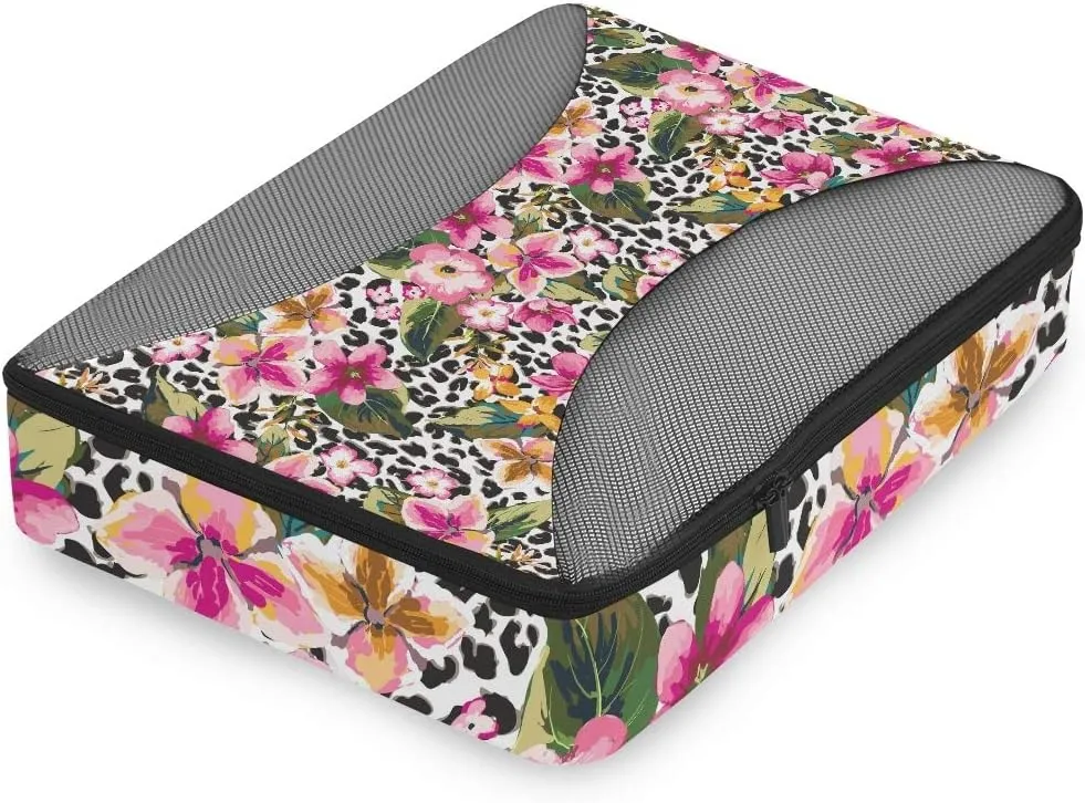 MNSRUU Packing Cubes Hawaii Flower With Leopard Compression Luggage Cubes Travel Organizer Packing Bags for Suitcases, 4 PCS