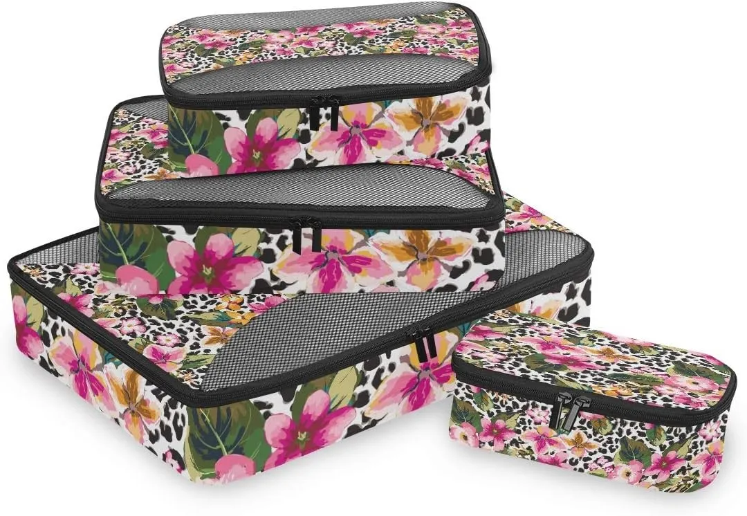 MNSRUU Packing Cubes Hawaii Flower With Leopard Compression Luggage Cubes Travel Organizer Packing Bags for Suitcases, 4 PCS
