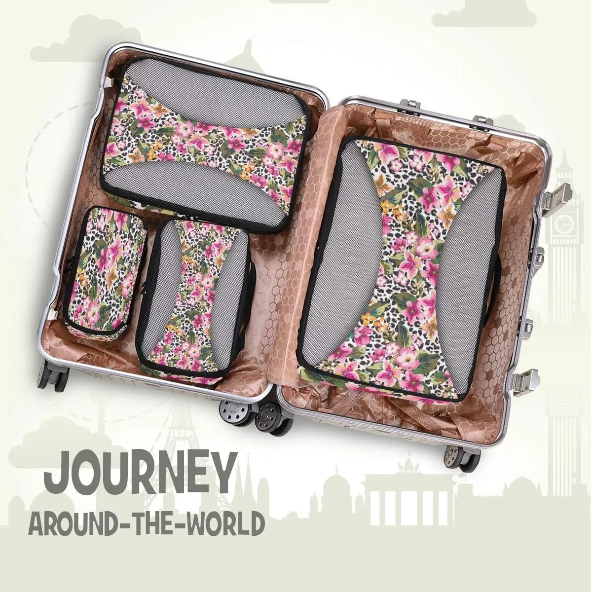 MNSRUU Packing Cubes Hawaii Flower With Leopard Compression Luggage Cubes Travel Organizer Packing Bags for Suitcases, 4 PCS