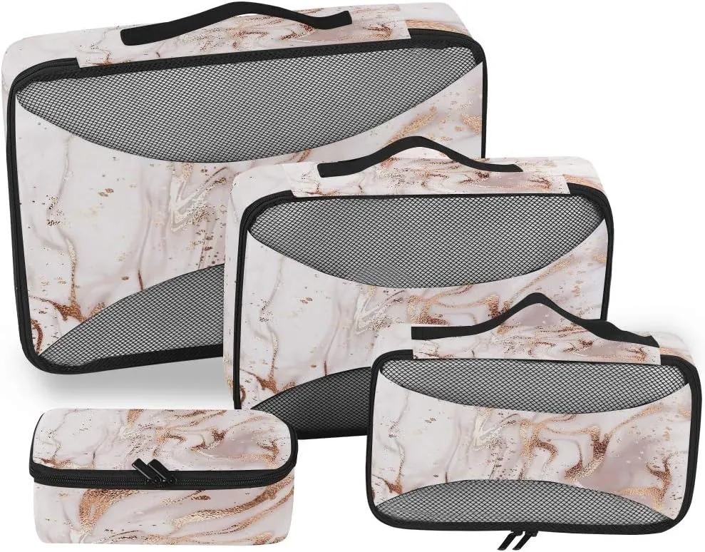MNSRUU Packing Cubes Pink Marble With Glitter Compression Luggage Cubes Travel Organizer Packing Bags for Suitcases, 4 PCS