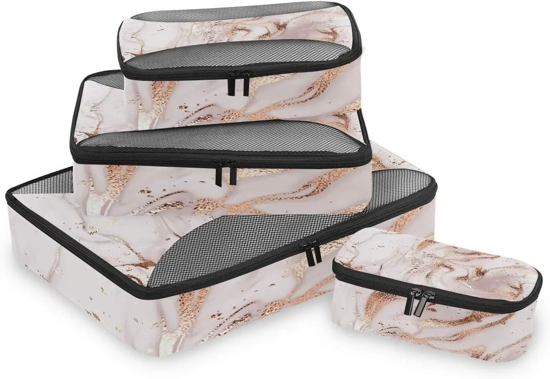 MNSRUU Packing Cubes Pink Marble With Glitter Compression Luggage Cubes Travel Organizer Packing Bags for Suitcases, 4 PCS