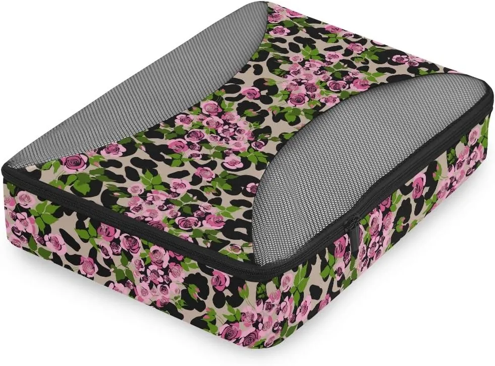 MNSRUU Packing Cubes Rink Roses On Leopard Compression Luggage Cubes Travel Organizer Packing Bags for Suitcases, 4 PCS