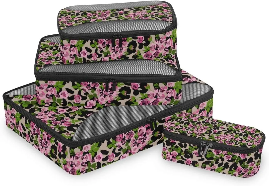MNSRUU Packing Cubes Rink Roses On Leopard Compression Luggage Cubes Travel Organizer Packing Bags for Suitcases, 4 PCS