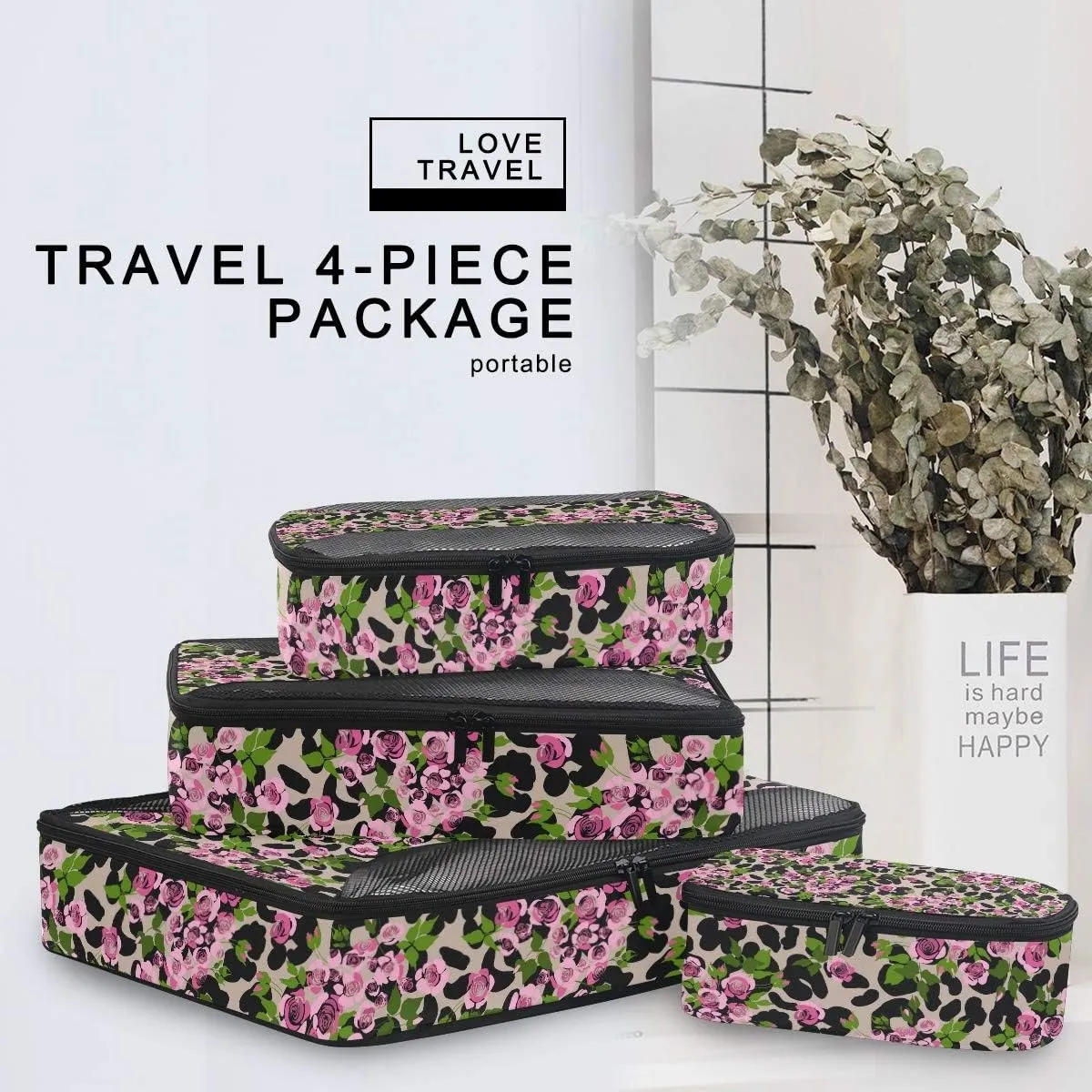 MNSRUU Packing Cubes Rink Roses On Leopard Compression Luggage Cubes Travel Organizer Packing Bags for Suitcases, 4 PCS