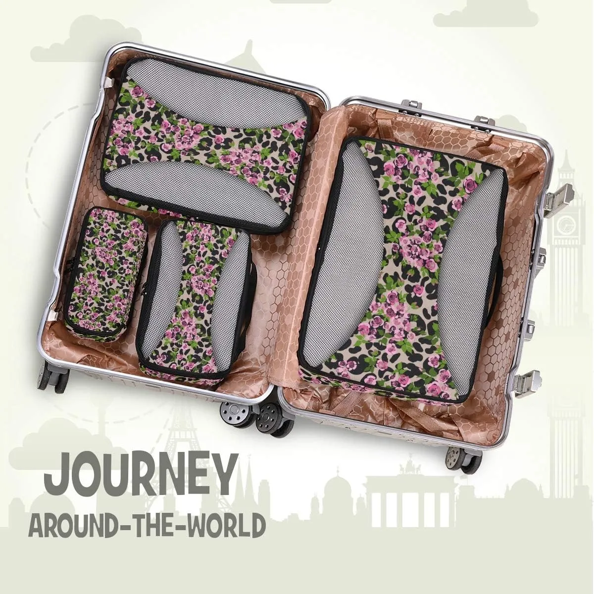 MNSRUU Packing Cubes Rink Roses On Leopard Compression Luggage Cubes Travel Organizer Packing Bags for Suitcases, 4 PCS