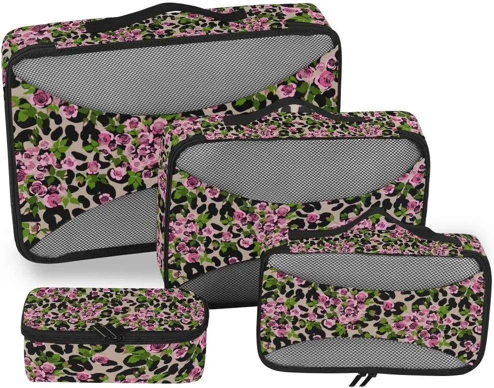 MNSRUU Packing Cubes Rink Roses On Leopard Compression Luggage Cubes Travel Organizer Packing Bags for Suitcases, 4 PCS
