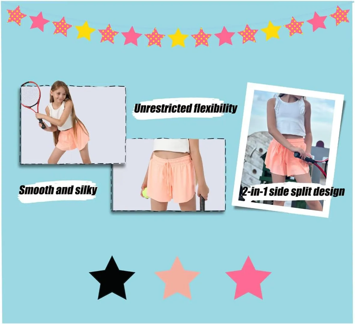 MODERN ASIR 3 Pack Girls Flowy Shorts with Spandex Liner 2-in-1 Youth Butterfly Skirts for Fitness, Running, Sports