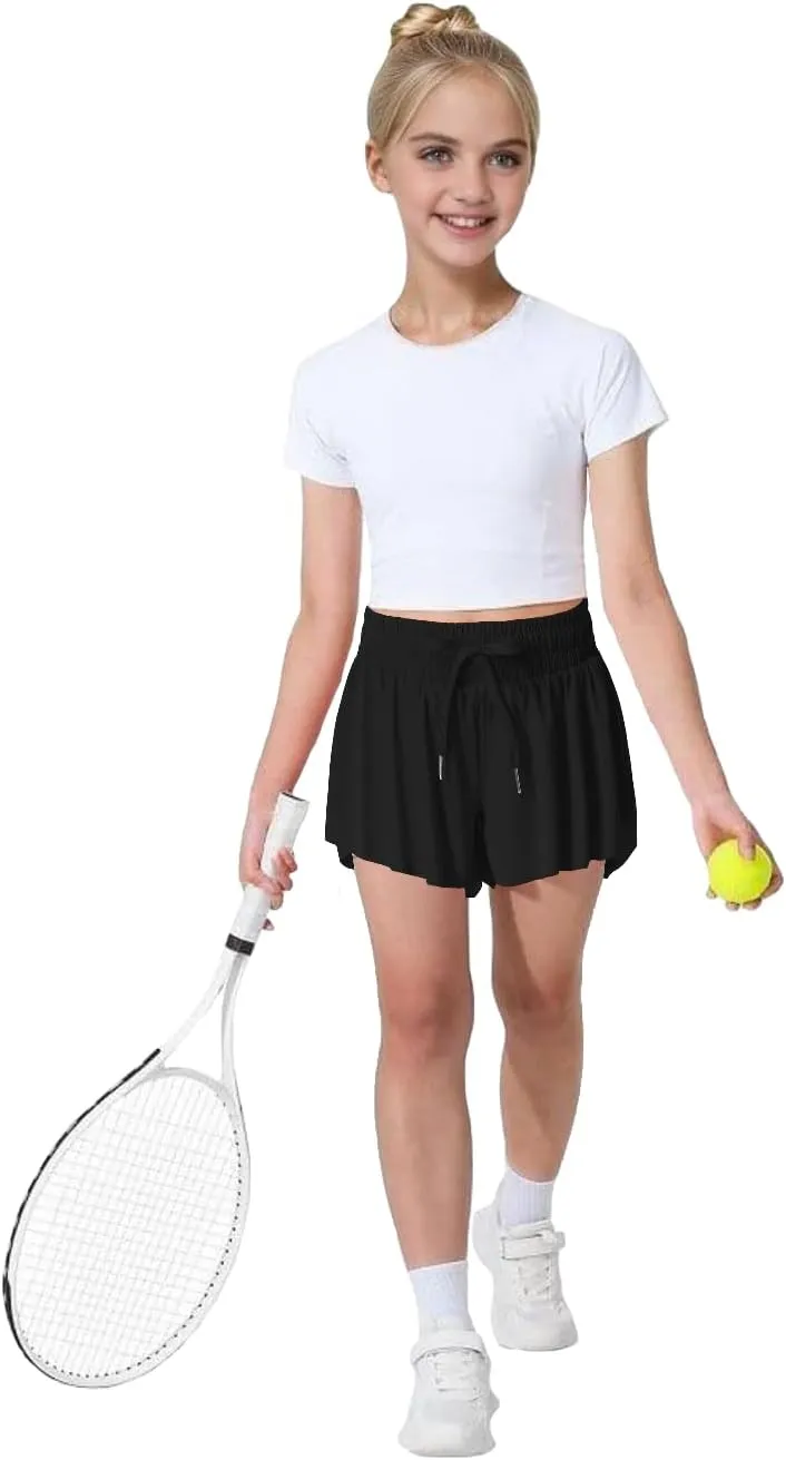 MODERN ASIR 3 Pack Girls Flowy Shorts with Spandex Liner 2-in-1 Youth Butterfly Skirts for Fitness, Running, Sports