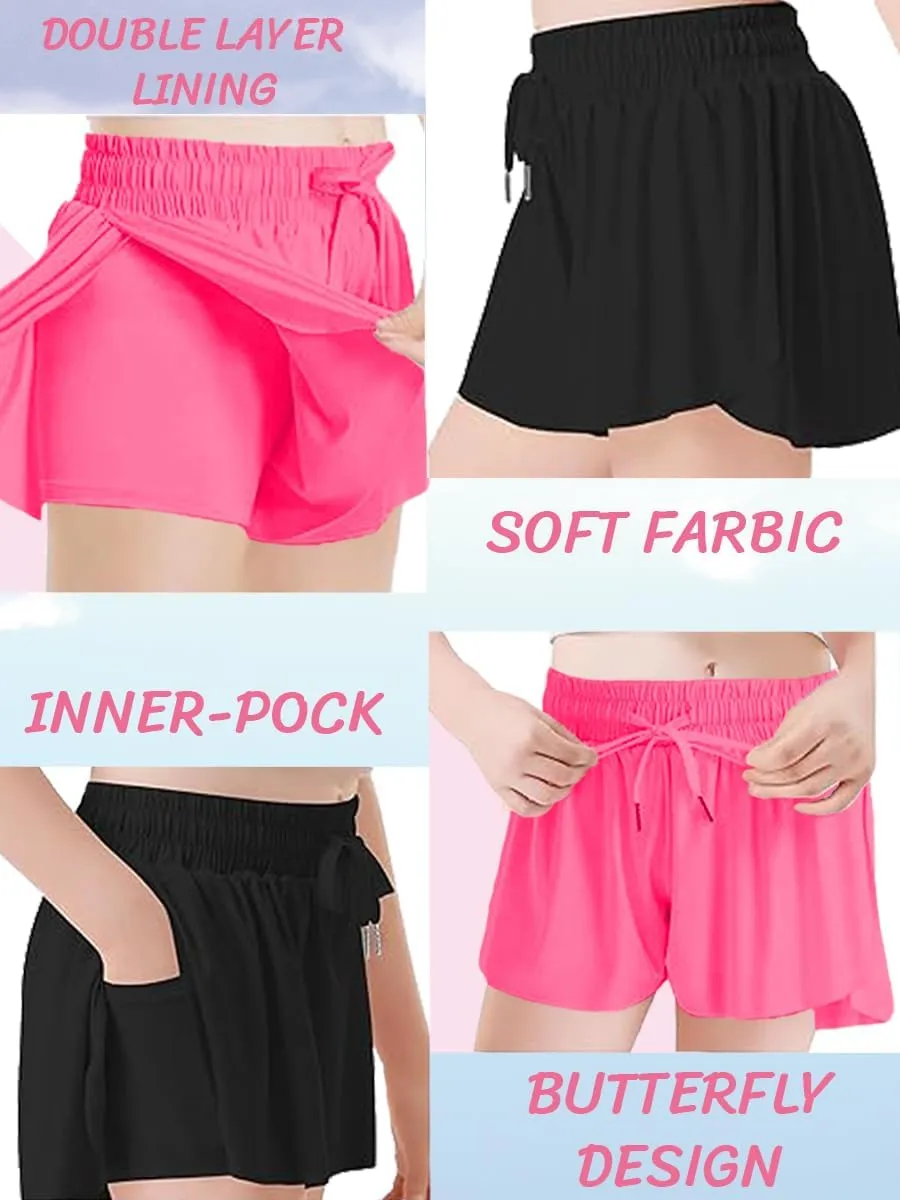 MODERN ASIR 3 Pack Girls Flowy Shorts with Spandex Liner 2-in-1 Youth Butterfly Skirts for Fitness, Running, Sports