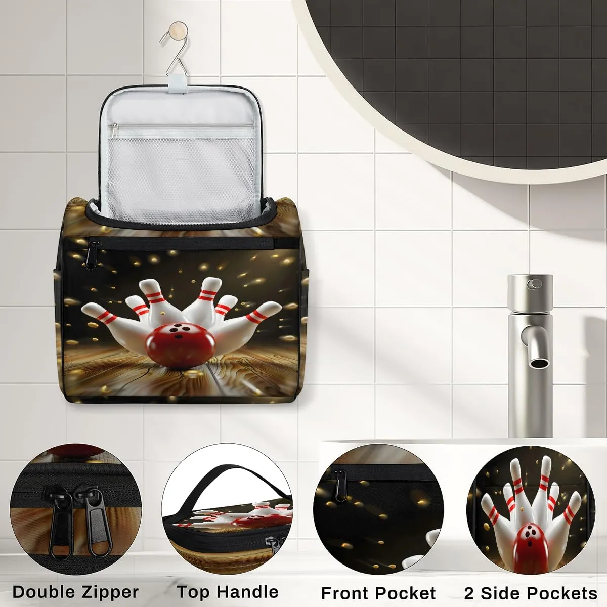 Modern Bowling Ball Travel Toiletry Bag for Men and Women, Large Hanging Makeup Bag Organizer Toiletries Bag for Travel, Cosmetic Bag with Handle