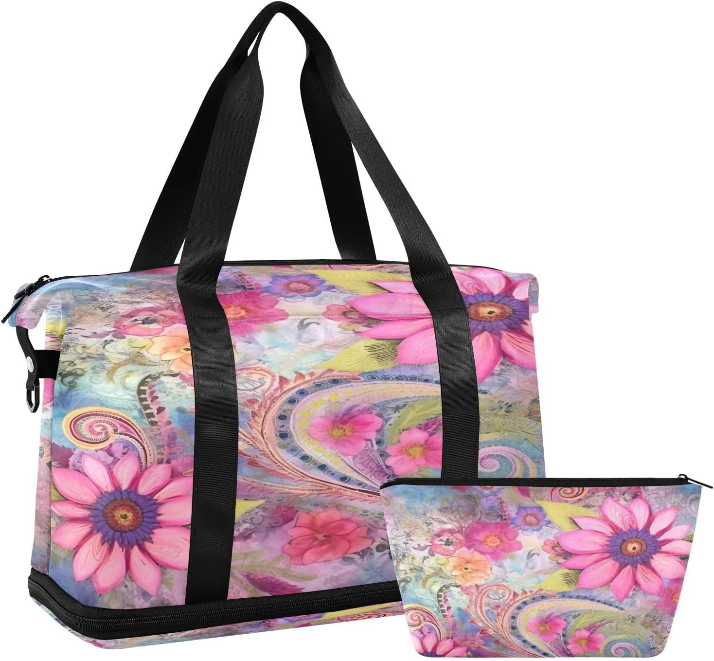 Modern Flower Sports Gym Bag with Waterproof Dry Wet Pocket, Travel Duffel Bag for Women MenWorkout Bag Fits Yoga, Swimming