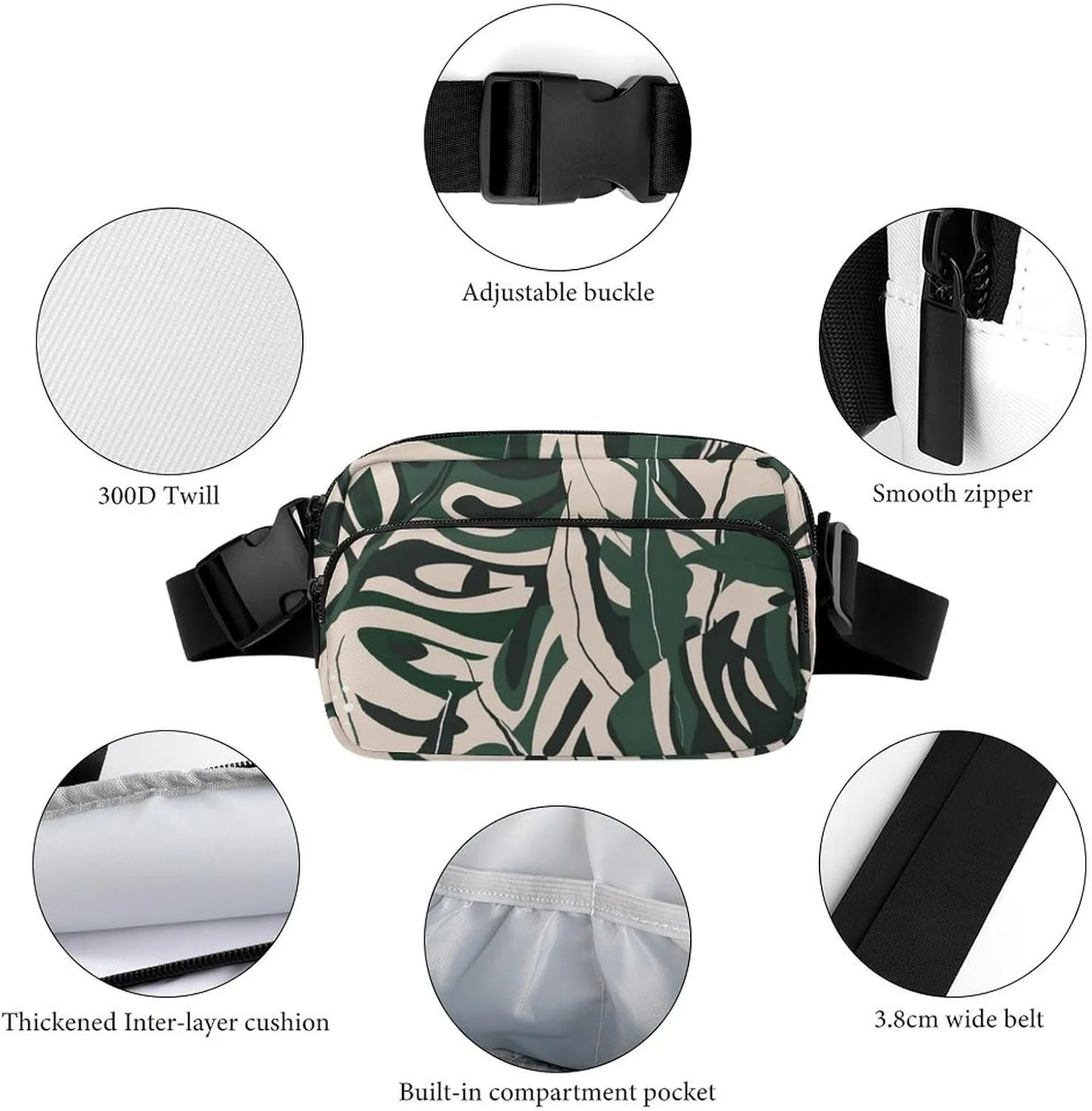 Modern Jungle Plants Belt Bag Fanny Pack for Women Men Floral Crossbody Waist Bag Pack Adjustable Casual Bag for Travel Running Workout Cycling