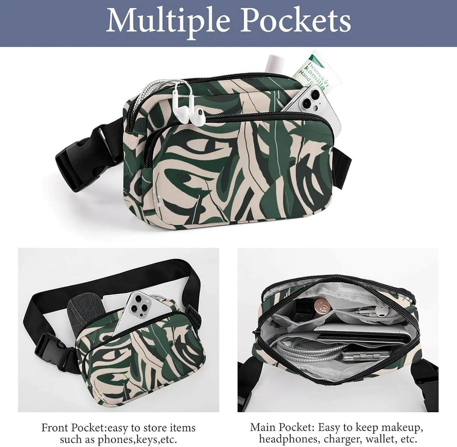 Modern Jungle Plants Belt Bag Fanny Pack for Women Men Floral Crossbody Waist Bag Pack Adjustable Casual Bag for Travel Running Workout Cycling