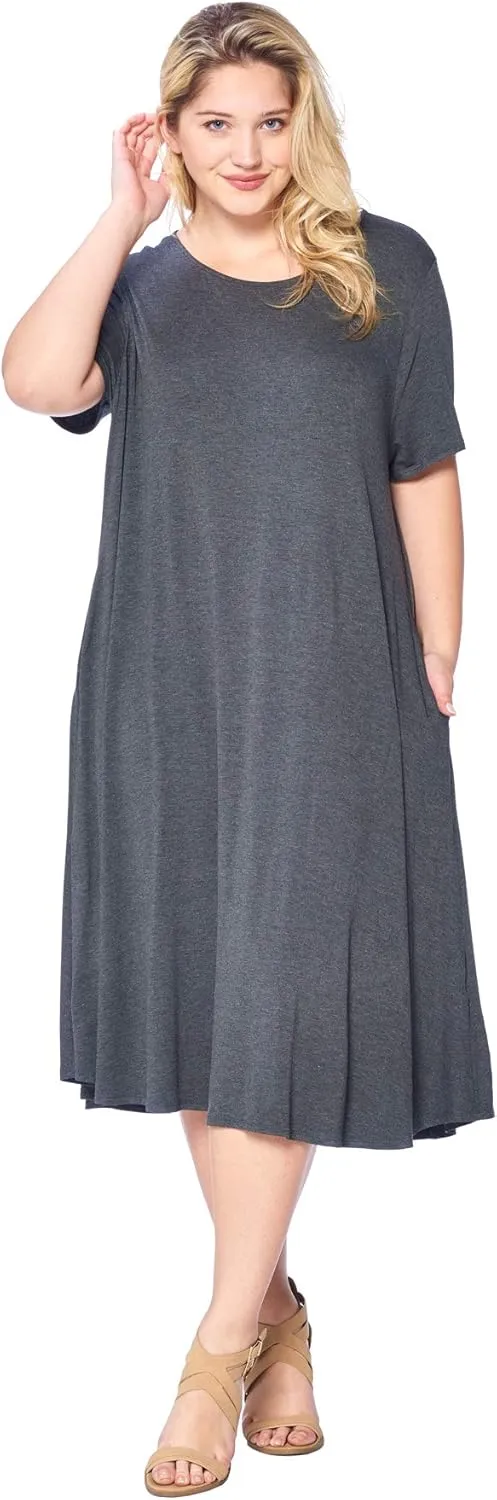 Modern Kiwi Women's Plus Size Short Sleeve Flowy A-Line Pocket Midi Maxi Dress (1X-5X) Made in USA