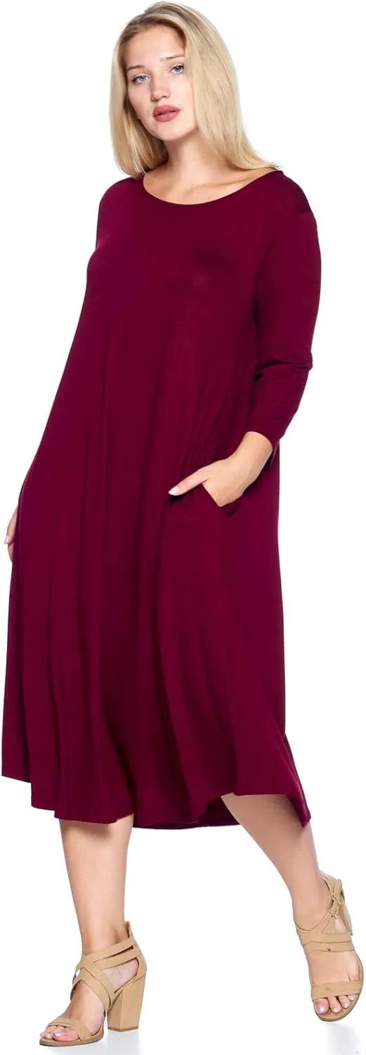 Modern Kiwi Women's Plus Size Solid 3/4 Sleeve Pocket Curve Hem Midi Maxi Dress (1X-4X) Made in USA