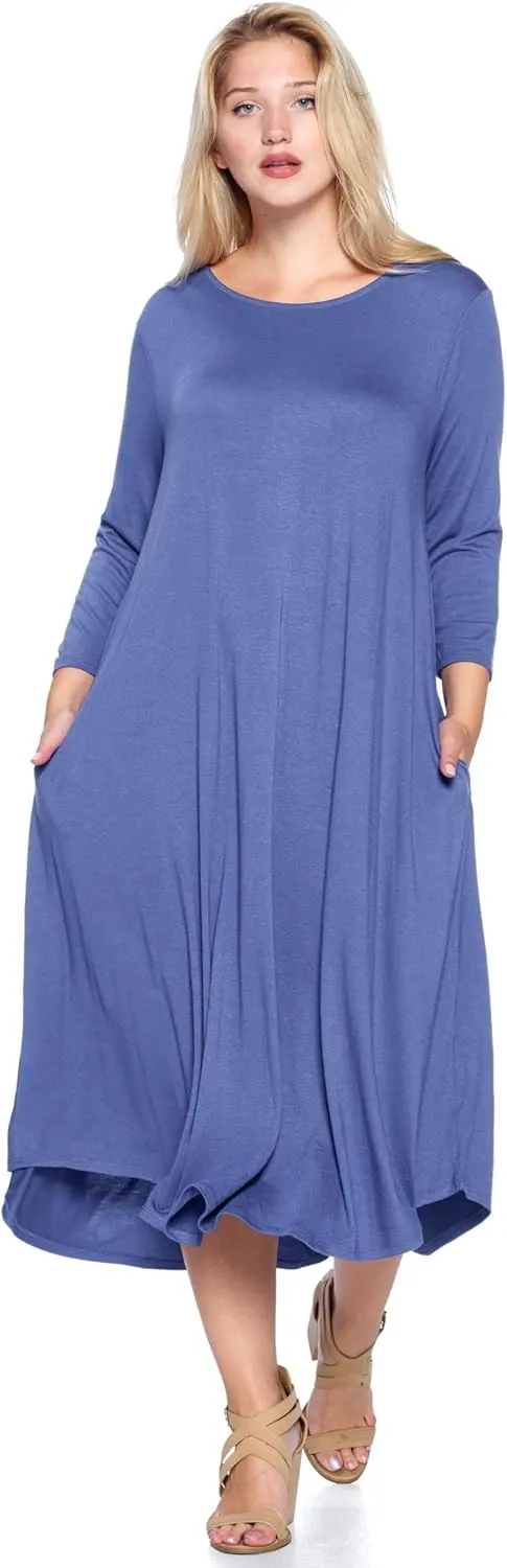 Modern Kiwi Women's Plus Size Solid 3/4 Sleeve Pocket Curve Hem Midi Maxi Dress (1X-4X) Made in USA