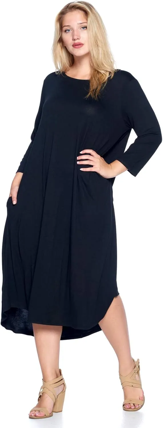 Modern Kiwi Women's Plus Size Solid 3/4 Sleeve Pocket Curve Hem Midi Maxi Dress (1X-4X) Made in USA