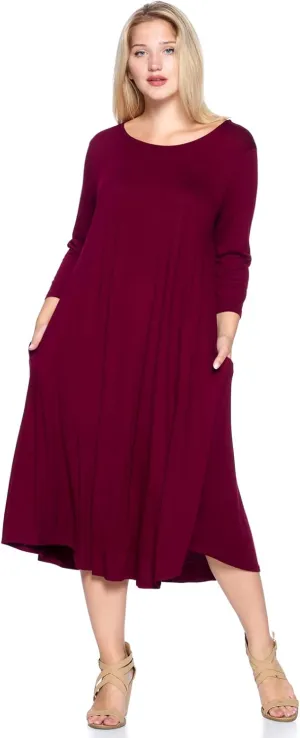 Modern Kiwi Women's Plus Size Solid 3/4 Sleeve Pocket Curve Hem Midi Maxi Dress (1X-4X) Made in USA