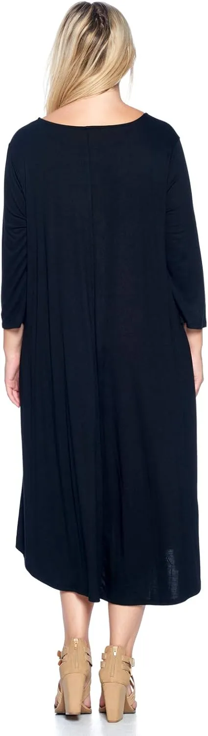 Modern Kiwi Women's Plus Size Solid 3/4 Sleeve Pocket Curve Hem Midi Maxi Dress (1X-4X) Made in USA