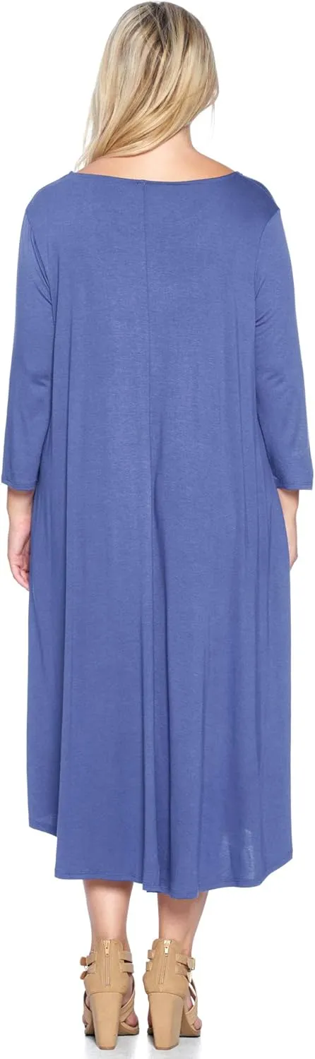 Modern Kiwi Women's Plus Size Solid 3/4 Sleeve Pocket Curve Hem Midi Maxi Dress (1X-4X) Made in USA