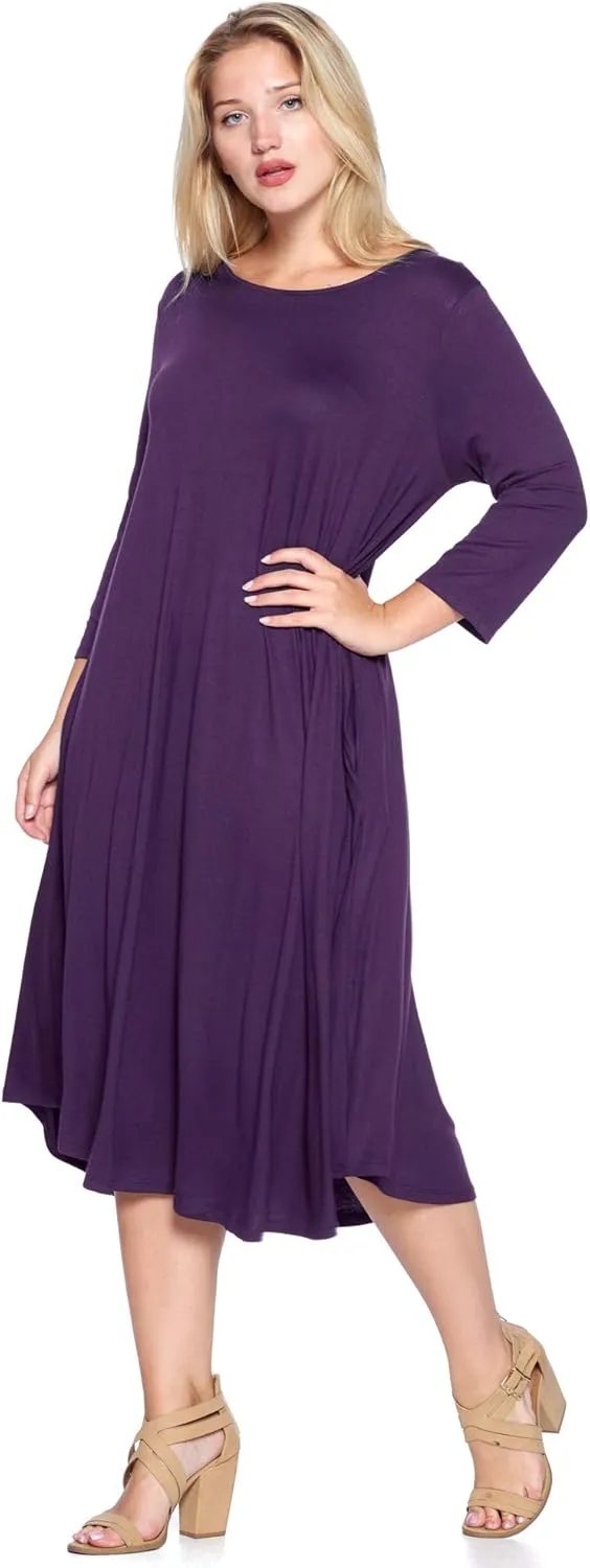 Modern Kiwi Women's Plus Size Solid 3/4 Sleeve Pocket Curve Hem Midi Maxi Dress (1X-4X) Made in USA