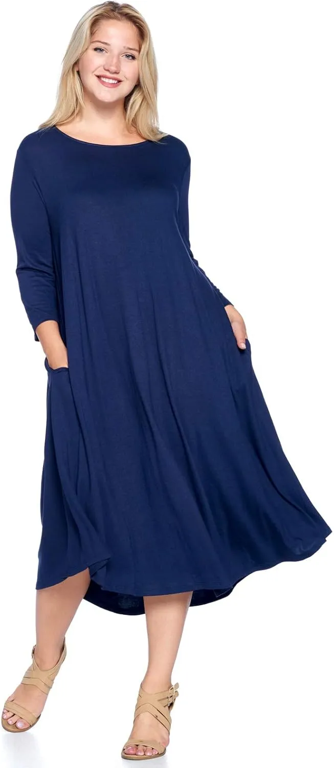 Modern Kiwi Women's Plus Size Solid 3/4 Sleeve Pocket Curve Hem Midi Maxi Dress (1X-4X) Made in USA