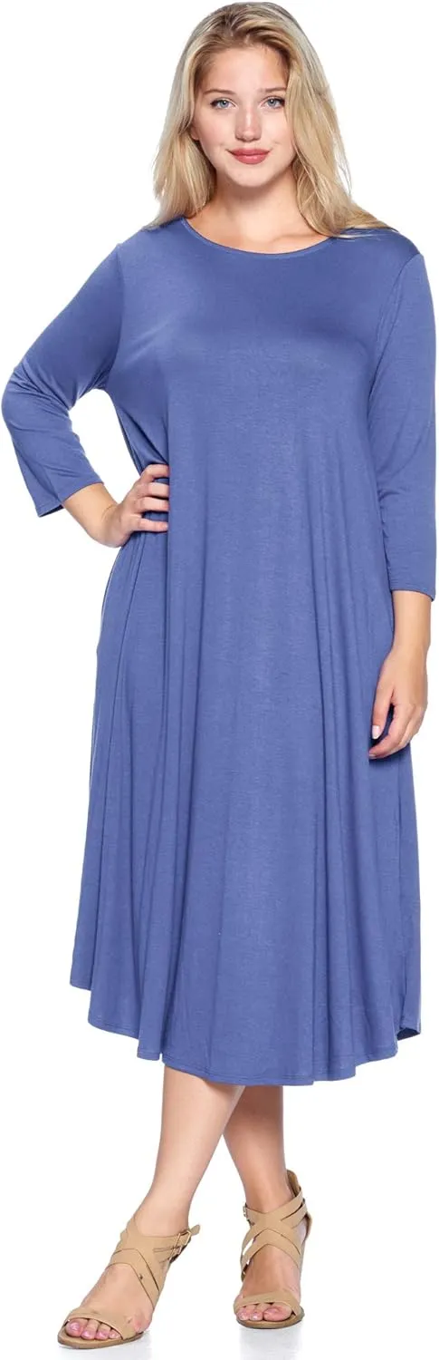 Modern Kiwi Women's Plus Size Solid 3/4 Sleeve Pocket Curve Hem Midi Maxi Dress (1X-4X) Made in USA