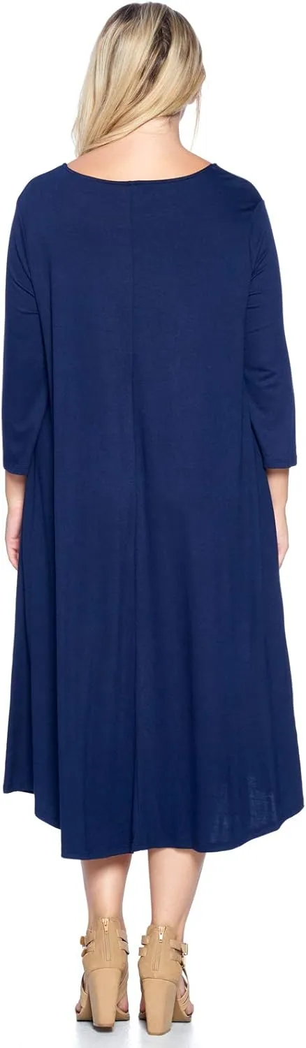 Modern Kiwi Women's Plus Size Solid 3/4 Sleeve Pocket Curve Hem Midi Maxi Dress (1X-4X) Made in USA