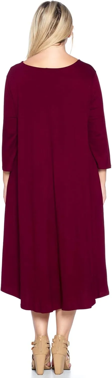 Modern Kiwi Women's Plus Size Solid 3/4 Sleeve Pocket Curve Hem Midi Maxi Dress (1X-4X) Made in USA