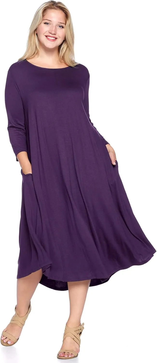 Modern Kiwi Women's Plus Size Solid 3/4 Sleeve Pocket Curve Hem Midi Maxi Dress (1X-4X) Made in USA