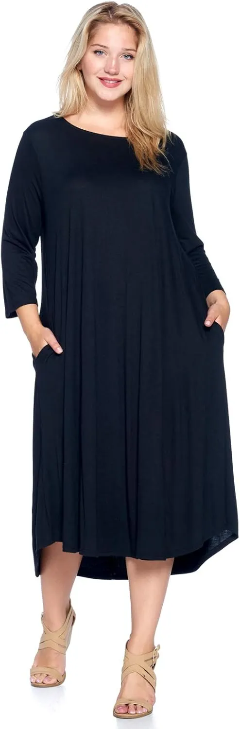 Modern Kiwi Women's Plus Size Solid 3/4 Sleeve Pocket Curve Hem Midi Maxi Dress (1X-4X) Made in USA