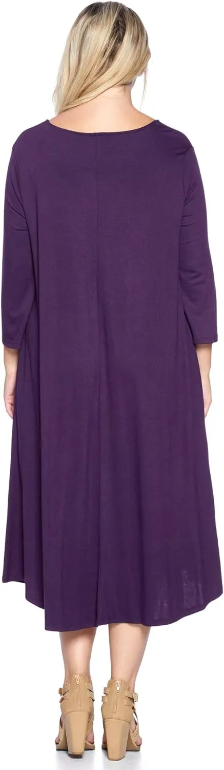 Modern Kiwi Women's Plus Size Solid 3/4 Sleeve Pocket Curve Hem Midi Maxi Dress (1X-4X) Made in USA