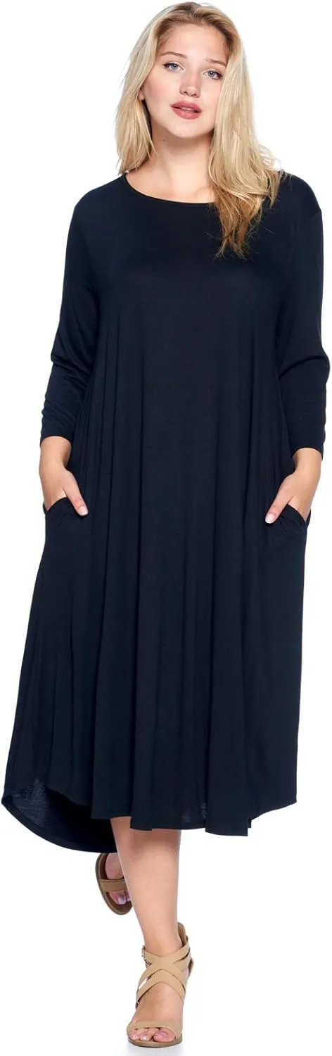 Modern Kiwi Women's Plus Size Solid 3/4 Sleeve Pocket Curve Hem Midi Maxi Dress (1X-4X) Made in USA
