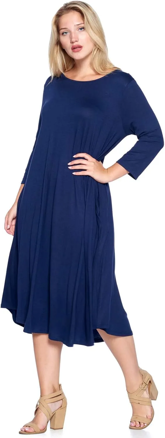 Modern Kiwi Women's Plus Size Solid 3/4 Sleeve Pocket Curve Hem Midi Maxi Dress (1X-4X) Made in USA