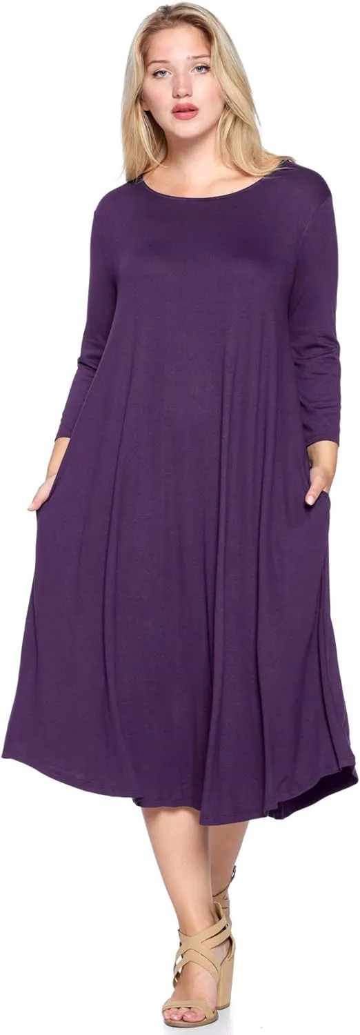 Modern Kiwi Women's Plus Size Solid 3/4 Sleeve Pocket Curve Hem Midi Maxi Dress (1X-4X) Made in USA
