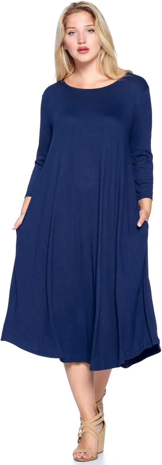 Modern Kiwi Women's Plus Size Solid 3/4 Sleeve Pocket Curve Hem Midi Maxi Dress (1X-4X) Made in USA