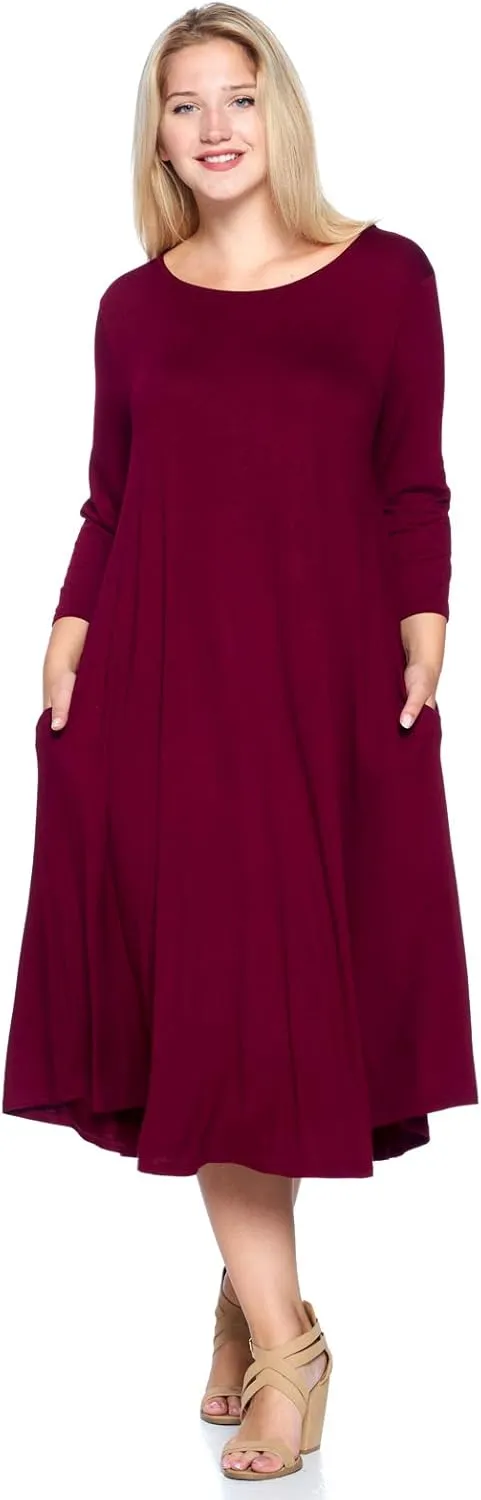 Modern Kiwi Women's Plus Size Solid 3/4 Sleeve Pocket Curve Hem Midi Maxi Dress (1X-4X) Made in USA