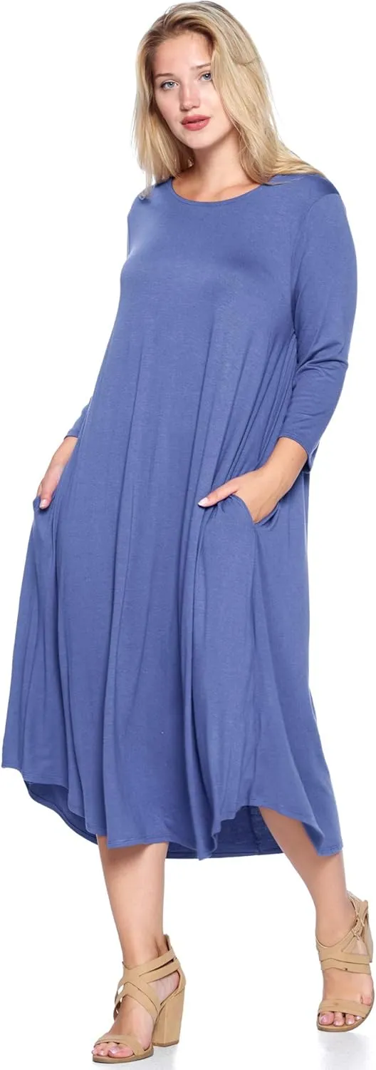 Modern Kiwi Women's Plus Size Solid 3/4 Sleeve Pocket Curve Hem Midi Maxi Dress (1X-4X) Made in USA