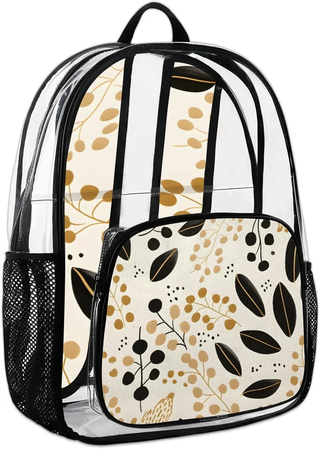 Modern Leaf Twigs Clear Backpack Heavy Duty Transparent Bookbag Clear Back Pack See Through Plastic Book Bag for Work,Security,Stadium,Travel,Festival,College
