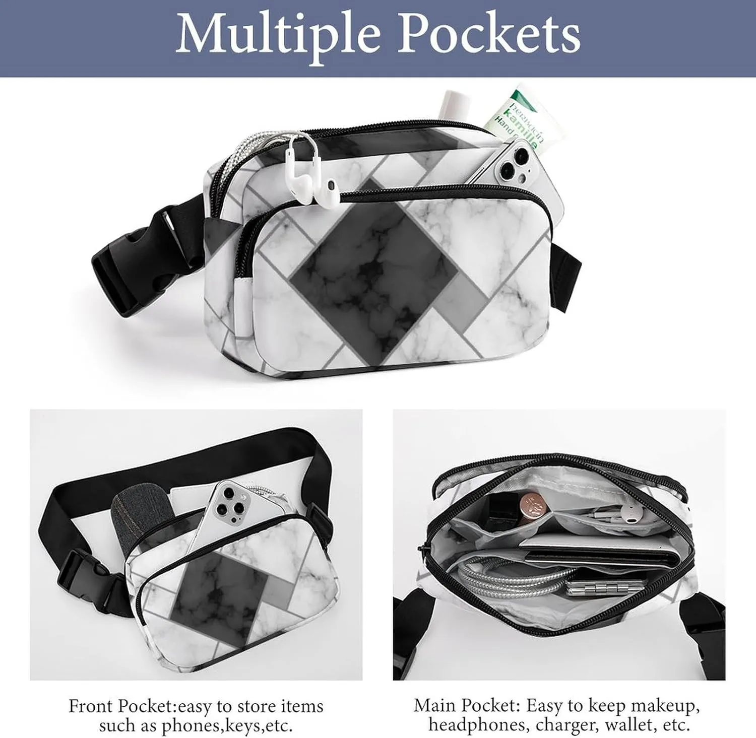 Modern Marble Geometry Belt Bag Fanny Pack for Women Men Black Grey Crossbody Waist Bag Pack Adjustable Casual Bag for Travel Running Workout Cycling