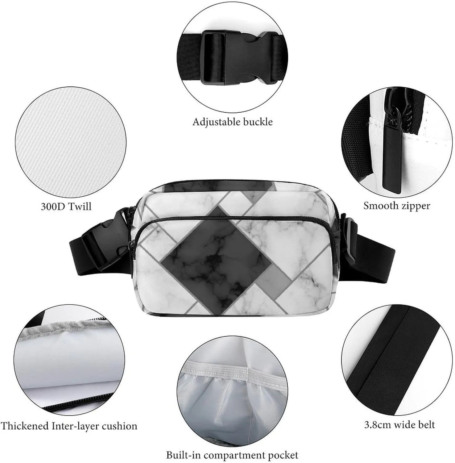 Modern Marble Geometry Belt Bag Fanny Pack for Women Men Black Grey Crossbody Waist Bag Pack Adjustable Casual Bag for Travel Running Workout Cycling