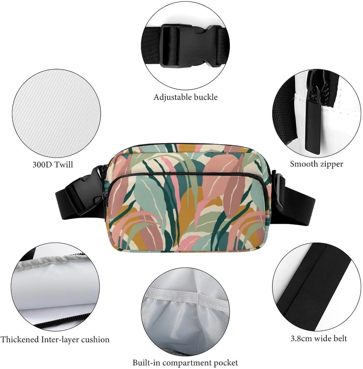 Modern Summer Leaves Belt Bag Fanny Pack Crossbody Abstract Foliage Fashion Waist Packs With Adjustable Strap For Men Women Travel Hiking Cycling Running