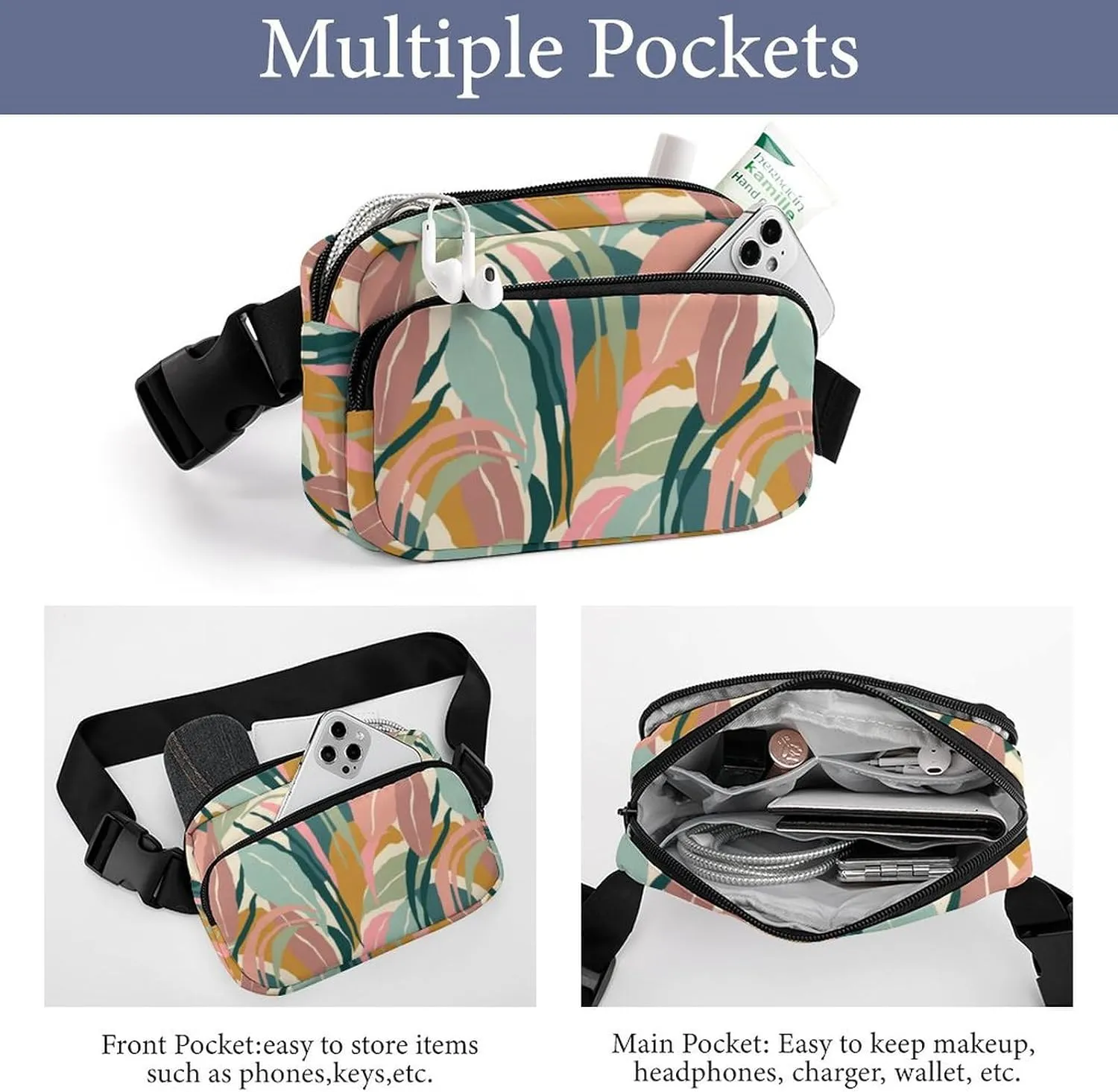 Modern Summer Leaves Belt Bag Fanny Pack Crossbody Abstract Foliage Fashion Waist Packs With Adjustable Strap For Men Women Travel Hiking Cycling Running