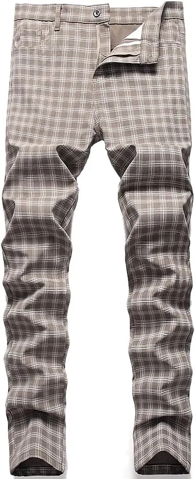 Mywinway Mens Casual Plaid Dress Pants: Stretch Skinny Busniss Slim Fit Chinos Pants