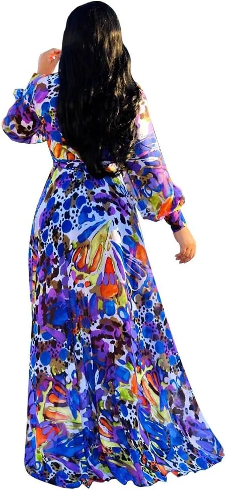 Nuofengkudu Womens Chiffon Deep V-Neck Stripe Printed Maxi Dress Unique Loose Summer Boho Dresses High Waiste(S-5XL)