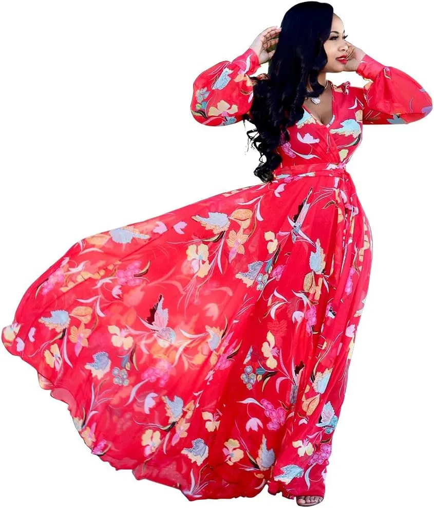 Nuofengkudu Womens Chiffon Deep V-Neck Stripe Printed Maxi Dress Unique Loose Summer Boho Dresses High Waiste(S-5XL)